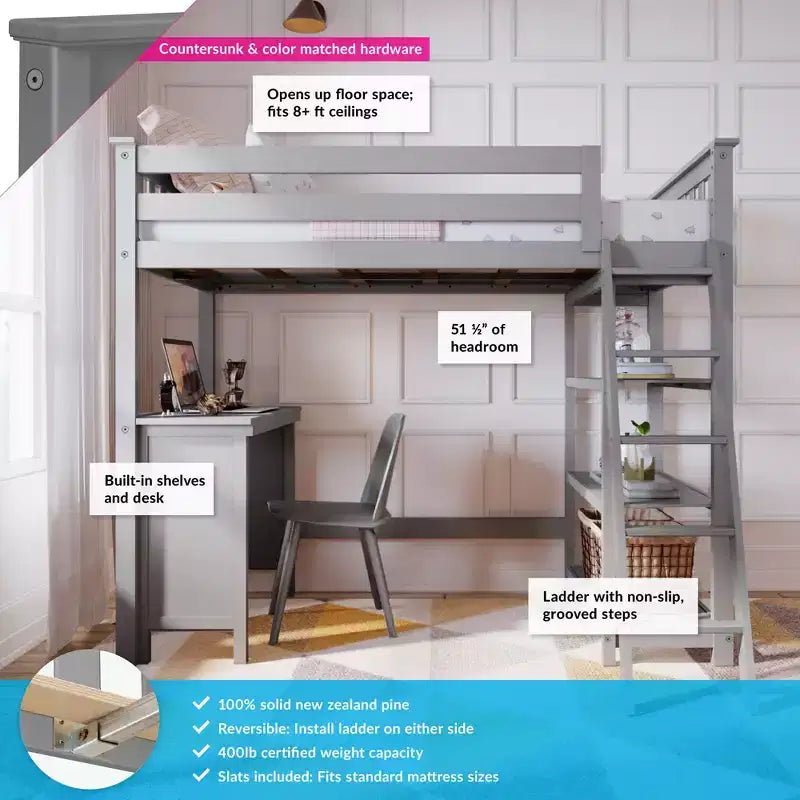 Lit mezzanine Max & Lily, lit mezzanine simple en bois massif avec bibliothèque et bureau pour enfants
