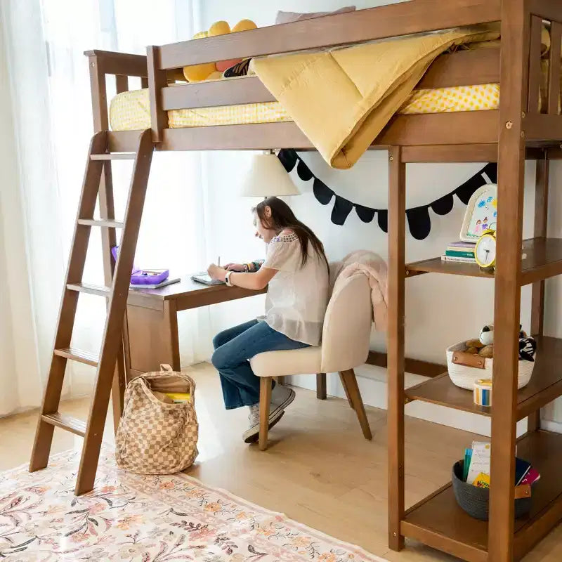 Lit mezzanine Max & Lily, lit mezzanine simple en bois massif avec bibliothèque et bureau pour enfants