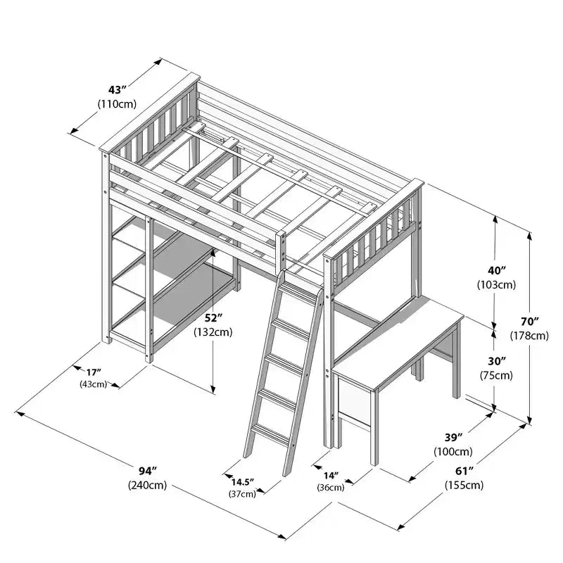 Lit mezzanine Max & Lily, lit mezzanine simple en bois massif avec bibliothèque et bureau pour enfants
