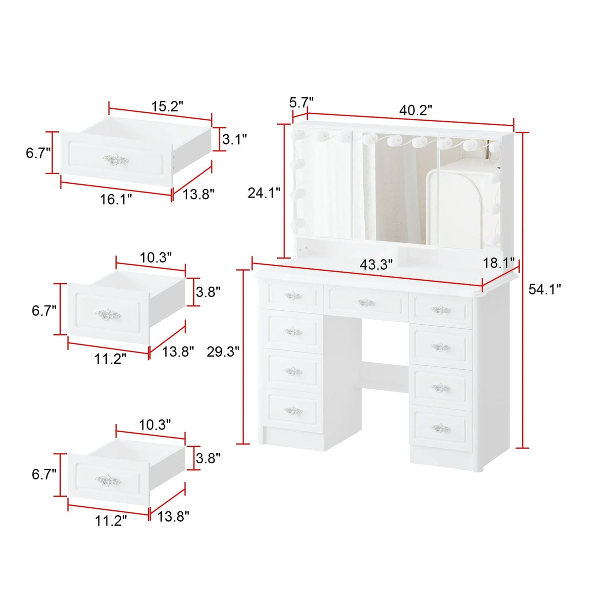 Coiffeuse moderne blanche avec miroir pliable éclairage réglable - 102,1 x 137,4 cm