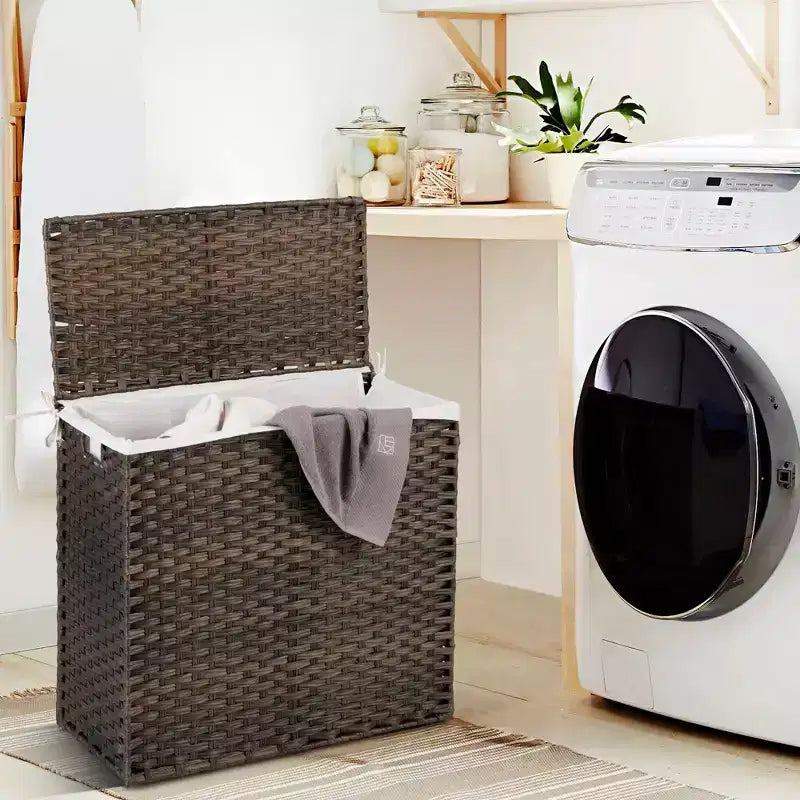 Costway Panier à linge à 3 sections de 110 L avec couvercle et poignée en rotin PE avec sac de doublure