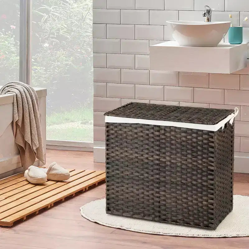 Costway Panier à linge à 3 sections de 110 L avec couvercle et poignée en rotin PE avec sac de doublure