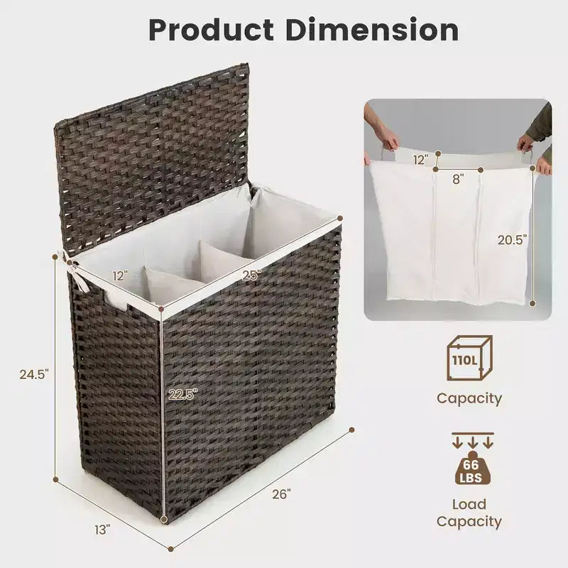 Costway Panier à linge à 3 sections de 110 L avec couvercle et poignée en rotin PE avec sac de doublure