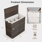 Costway Panier à linge à 3 sections de 110 L avec couvercle et poignée en rotin PE avec sac de doublure