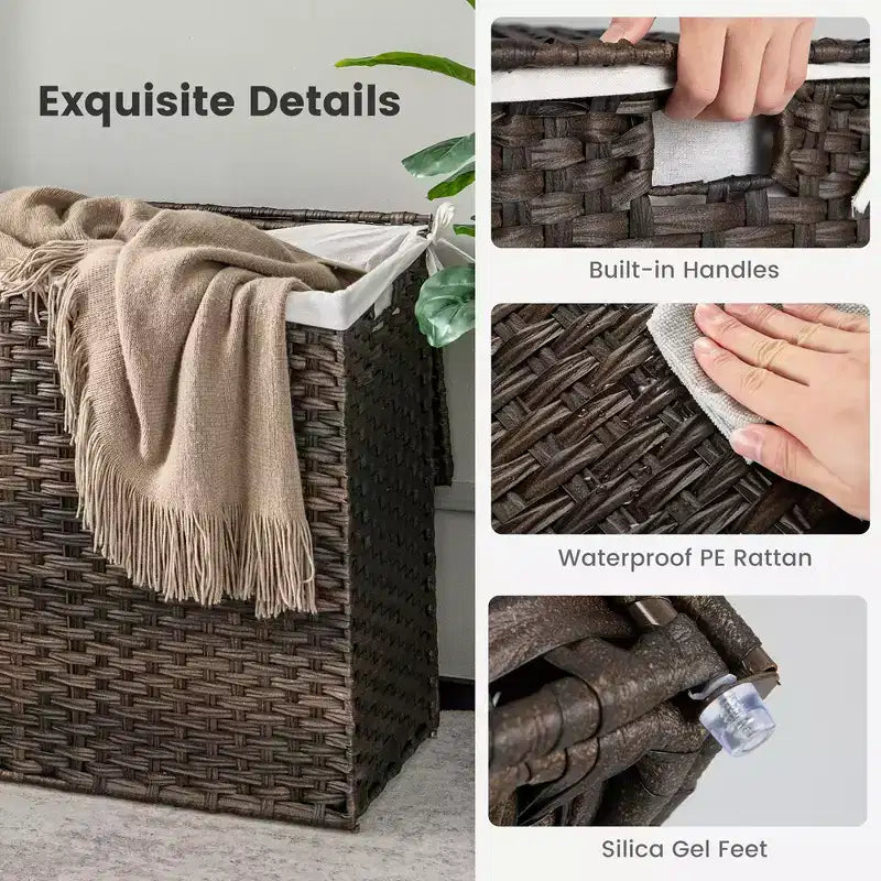 Costway Panier à linge à 3 sections de 110 L avec couvercle et poignée en rotin PE avec sac de doublure
