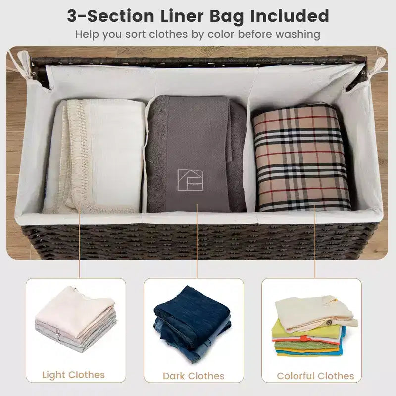 Costway Panier à linge à 3 sections de 110 L avec couvercle et poignée en rotin PE avec sac de doublure