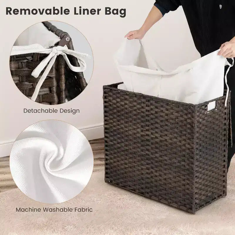 Costway Panier à linge à 3 sections de 110 L avec couvercle et poignée en rotin PE avec sac de doublure