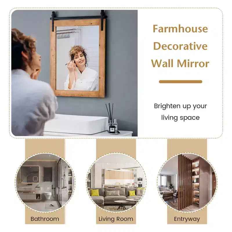 Costway Miroir mural décoratif 76,2 x 55,9 cm, miroir de courtoisie avec cadre en bois style porte de grange, marron