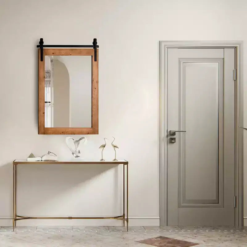 Costway Miroir mural décoratif 76,2 x 55,9 cm, miroir de courtoisie avec cadre en bois style porte de grange, marron