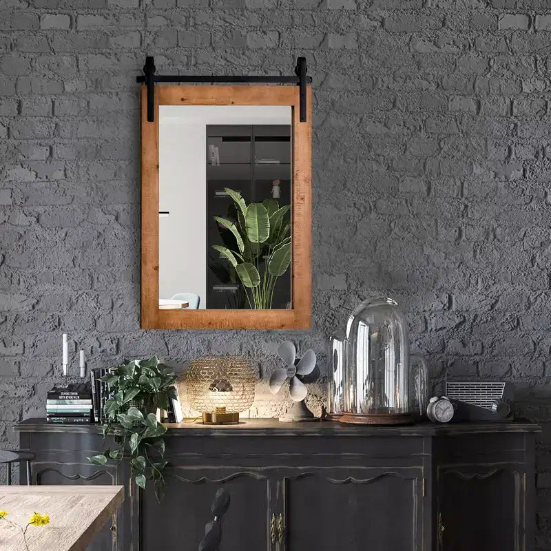 Costway Miroir mural décoratif 76,2 x 55,9 cm, miroir de courtoisie avec cadre en bois style porte de grange, marron