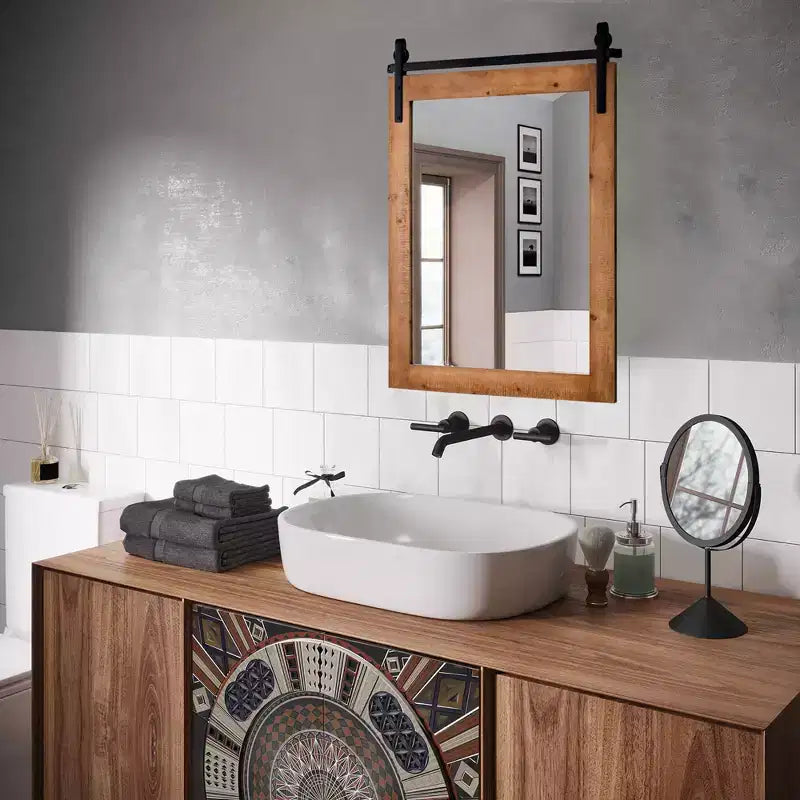 Costway Miroir mural décoratif 76,2 x 55,9 cm, miroir de courtoisie avec cadre en bois style porte de grange, marron