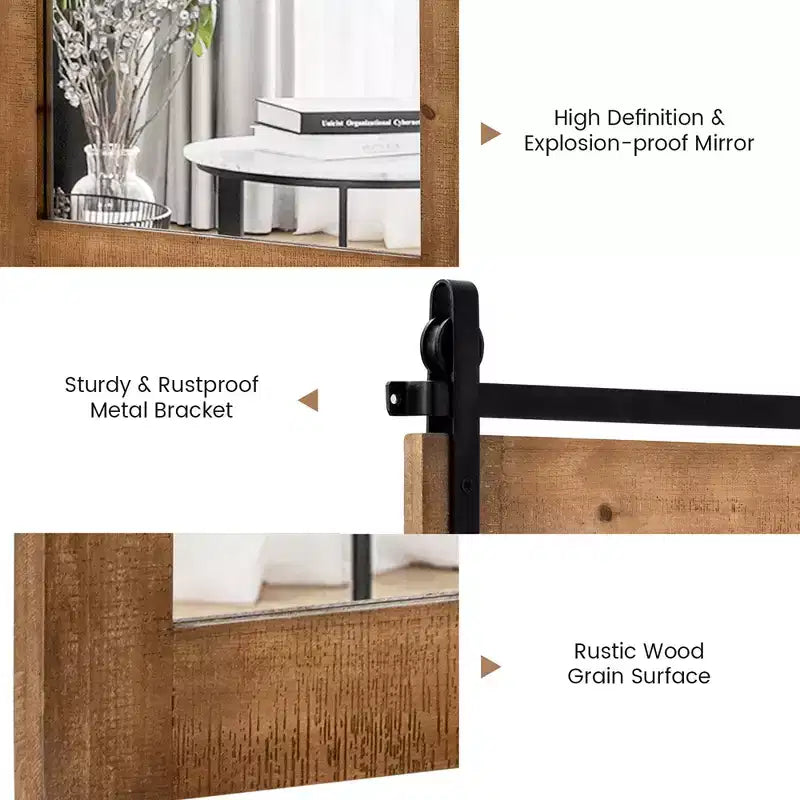Costway Miroir mural décoratif 76,2 x 55,9 cm, miroir de courtoisie avec cadre en bois style porte de grange, marron