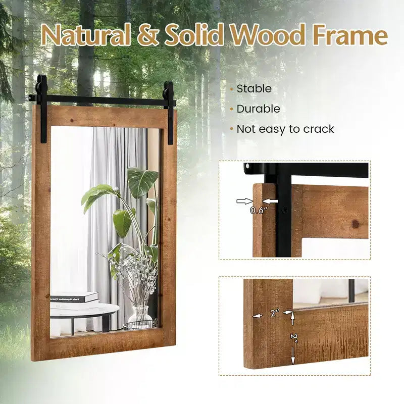 Costway Miroir mural décoratif 76,2 x 55,9 cm, miroir de courtoisie avec cadre en bois style porte de grange, marron