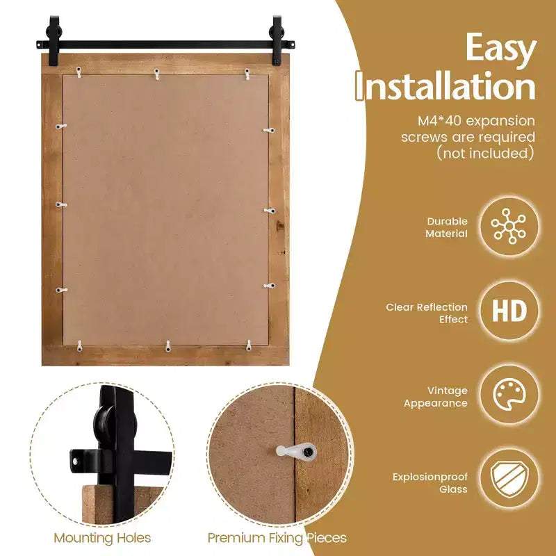 Costway Miroir mural décoratif 76,2 x 55,9 cm, miroir de courtoisie avec cadre en bois style porte de grange, marron
