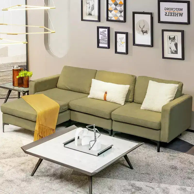 Canapé sectionnel modulaire en L à 3 places Costway avec méridienne réversible et 2 ports USB