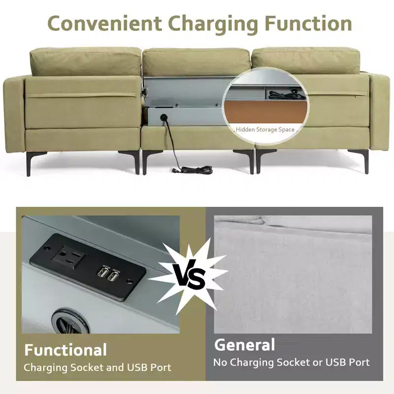 Canapé sectionnel modulaire en L à 3 places Costway avec méridienne réversible et 2 ports USB