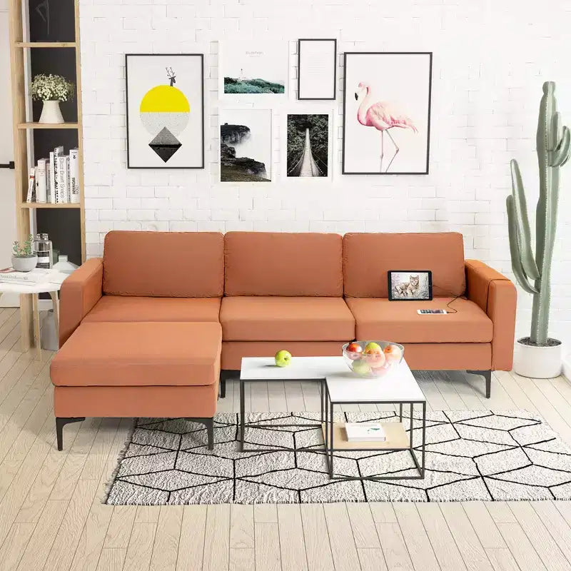 Canapé sectionnel modulaire en L à 3 places Costway avec méridienne réversible et 2 ports USB