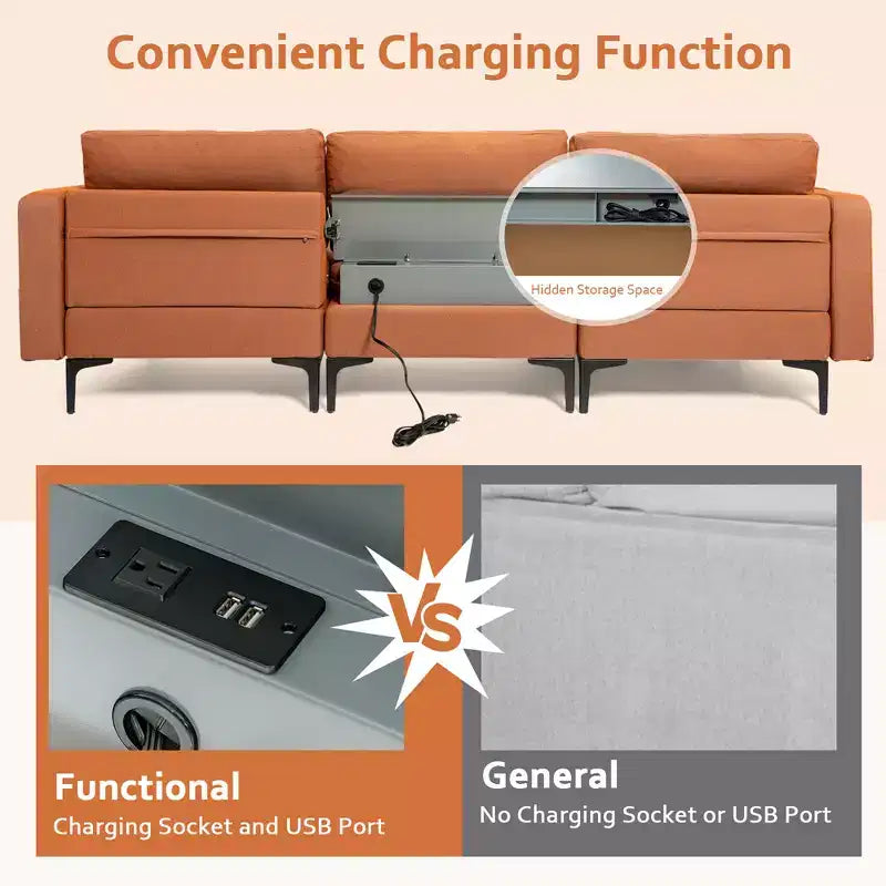 Canapé sectionnel modulaire en L à 3 places Costway avec méridienne réversible et 2 ports USB