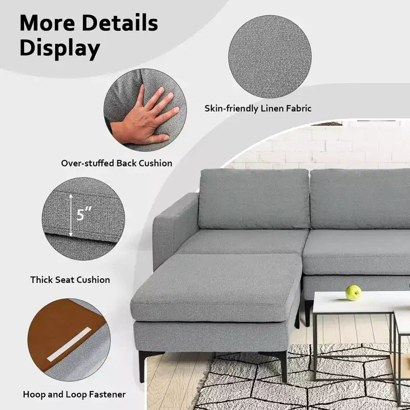 Canapé sectionnel modulaire en L à 3 places Costway avec méridienne réversible et 2 ports USB