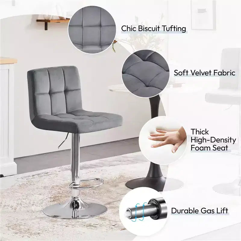 Tabourets de bar Yaheetech réglables et modernes en velours avec dossier et grande base, lot de 2