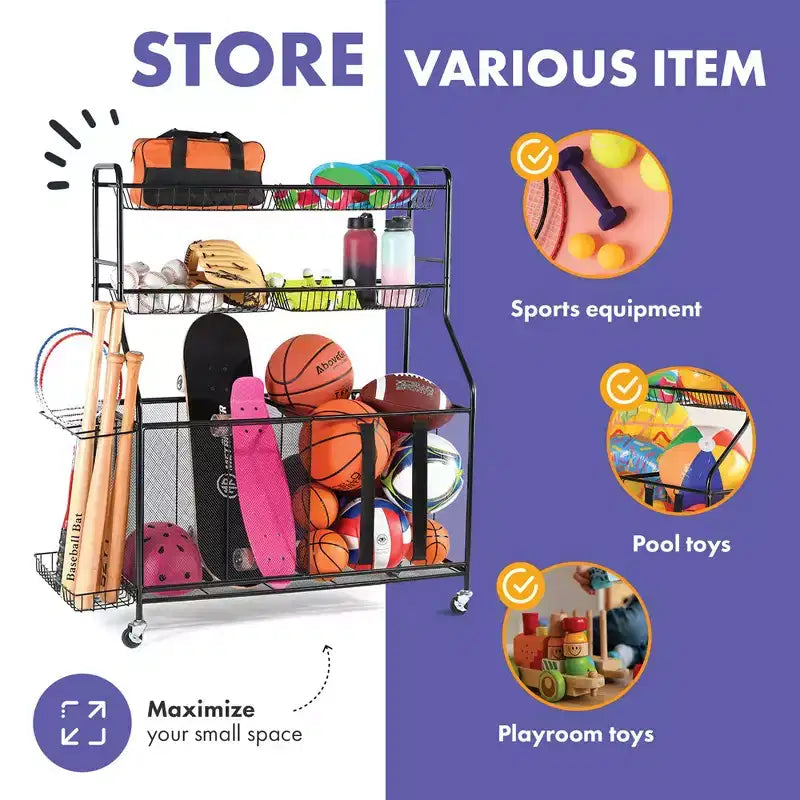 Support de rangement pour ballons pour garage – Grand organisateur d'équipement sportif de garage intérieur et extérieur avec paniers, roues et freins – Homeitusa