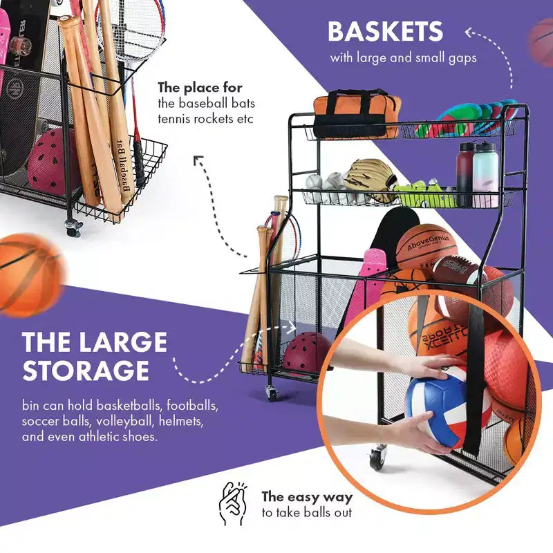 Support de rangement pour ballons pour garage – Grand organisateur d'équipement sportif de garage intérieur et extérieur avec paniers, roues et freins – Homeitusa