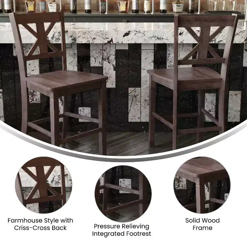 Flash Furniture Gwendolyn, lot de 2 tabourets de bar modernes de style rustique en bois massif de qualité commerciale, hauteur comptoir