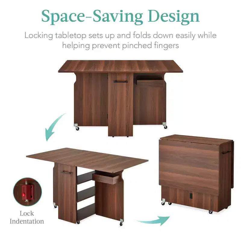 Table pliante polyvalente Best Choice Products avec roulettes, 3 étagères de rangement, casier, poignée