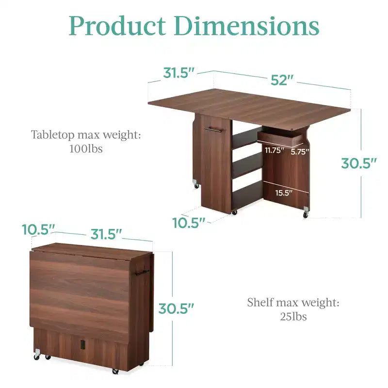Table pliante polyvalente Best Choice Products avec roulettes, 3 étagères de rangement, casier, poignée