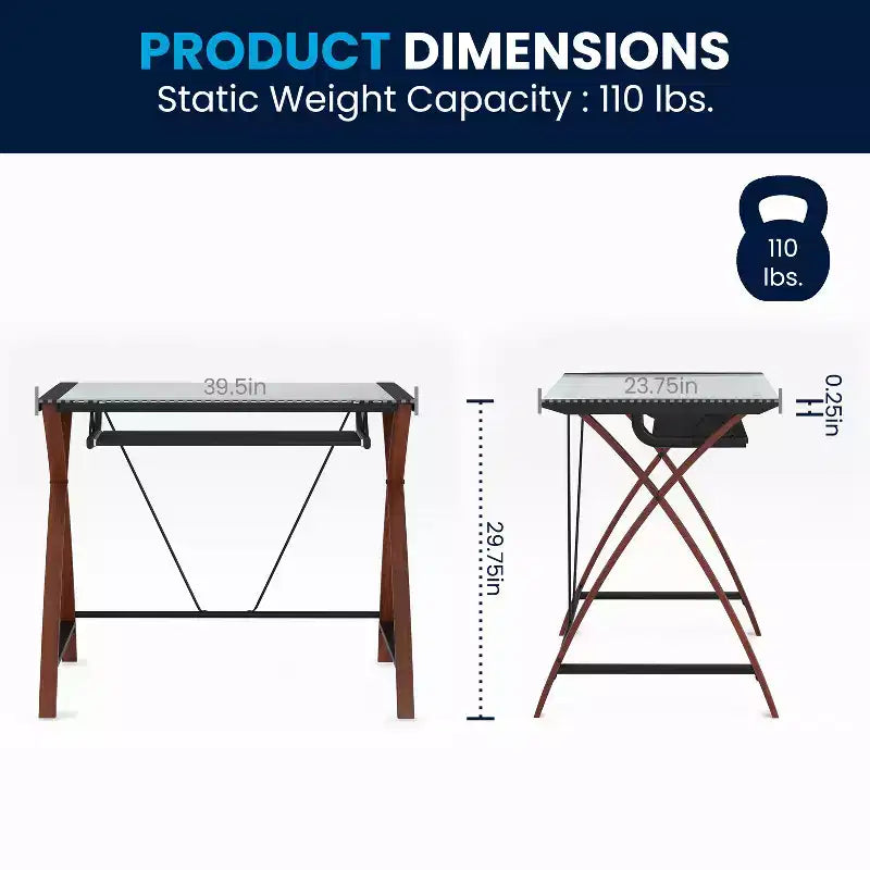 Bureau d'ordinateur Emma et Oliver Glass – Plateau de clavier coulissant et cadre entrecroisé
