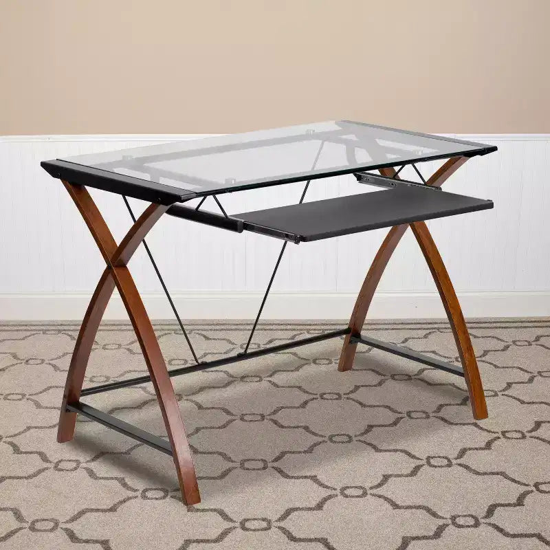 Bureau d'ordinateur Emma et Oliver Glass – Plateau de clavier coulissant et cadre entrecroisé