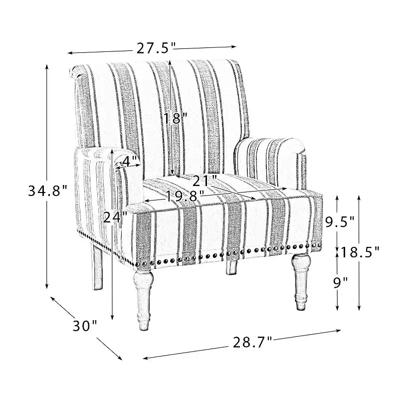 Fauteuil de chambre Venere en bois capitonné avec garniture cloutée et motif à rayures unique | ART OF LIVING DESIGNS