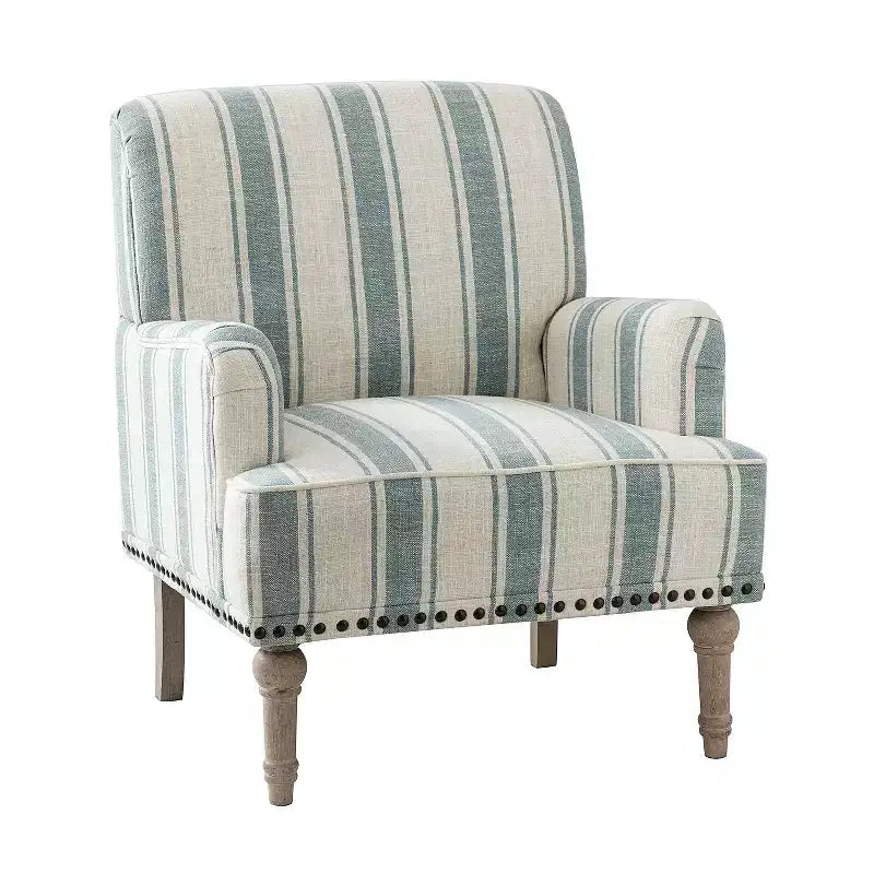 Fauteuil de chambre Venere en bois capitonné avec garniture cloutée et motif à rayures unique | ART OF LIVING DESIGNS