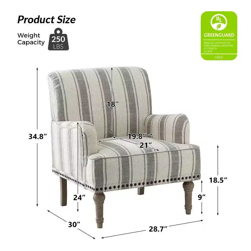 Fauteuil de chambre Venere en bois capitonné avec garniture cloutée et motif à rayures unique | ART OF LIVING DESIGNS
