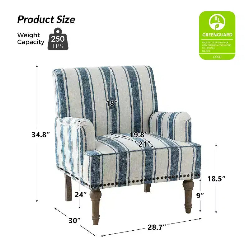 Fauteuil de chambre Venere en bois capitonné avec garniture cloutée et motif à rayures unique | ART OF LIVING DESIGNS
