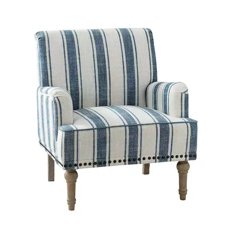 Fauteuil de chambre Venere en bois capitonné avec garniture cloutée et motif à rayures unique | ART OF LIVING DESIGNS