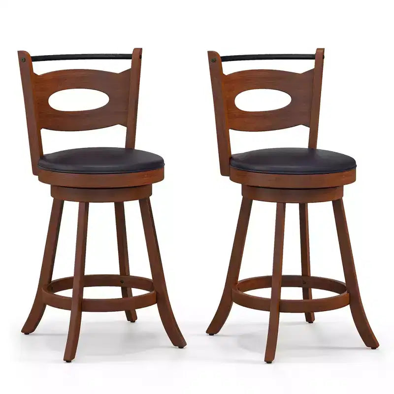 Costway Set of 2 Bar Stools 360 Swivel Dining Chairs Solid Rubber Wood Leather Padded Seat Counter Height