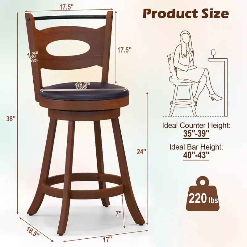 Costway Lot de 2 tabourets de bar pivotants à 360°, chaises de salle à manger en bois d'hévéa massif, siège rembourré en cuir, hauteur comptoir