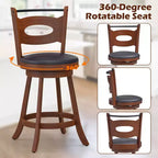 Costway Lot de 2 tabourets de bar pivotants à 360°, chaises de salle à manger en bois d'hévéa massif, siège rembourré en cuir, hauteur comptoir