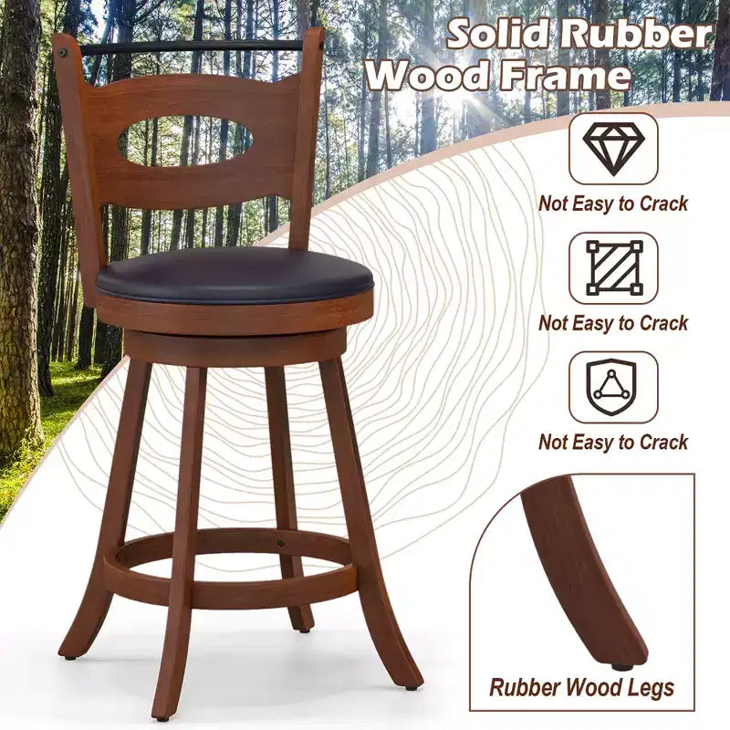 Costway Lot de 2 tabourets de bar pivotants à 360°, chaises de salle à manger en bois d'hévéa massif, siège rembourré en cuir, hauteur comptoir
