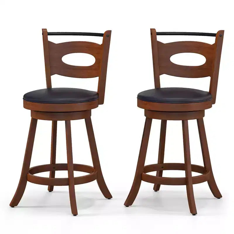 Costway Lot de 2 tabourets de bar pivotants à 360°, chaises de salle à manger en bois d'hévéa massif, siège rembourré en cuir, hauteur comptoir