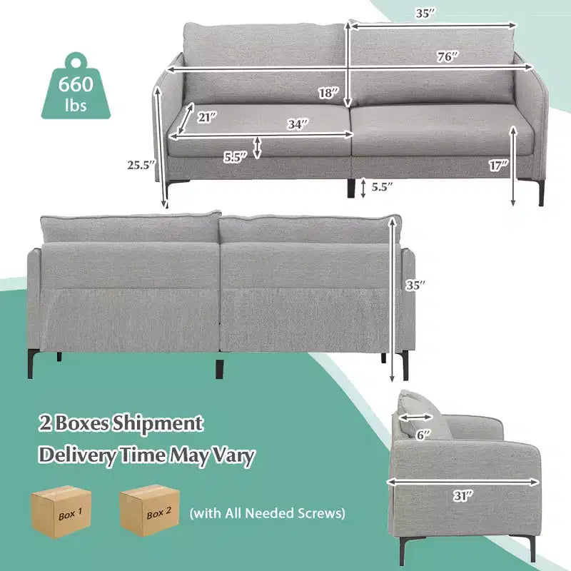 Costway Canapé deux places moderne 193 cm pour salon, appartement, dortoir avec pieds en métal Gris
