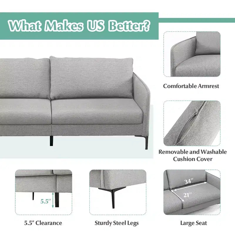 Costway Canapé deux places moderne 193 cm pour salon, appartement, dortoir avec pieds en métal Gris