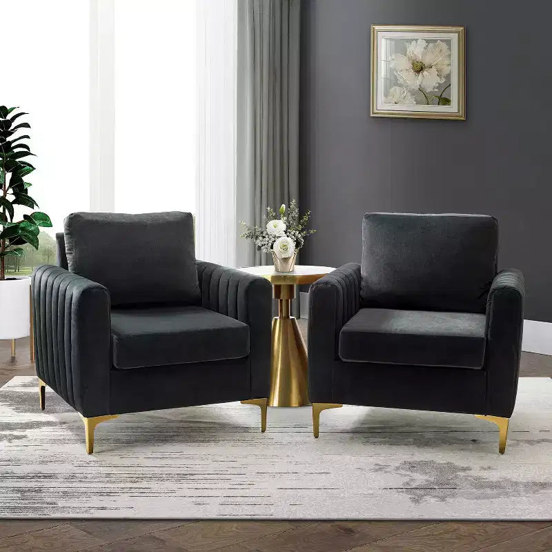Lot de 2 fauteuils club contemporains Iapygia capitonnés en bois avec pieds en métal pour chambre à coucher | ART OF LIVING DESIGNS