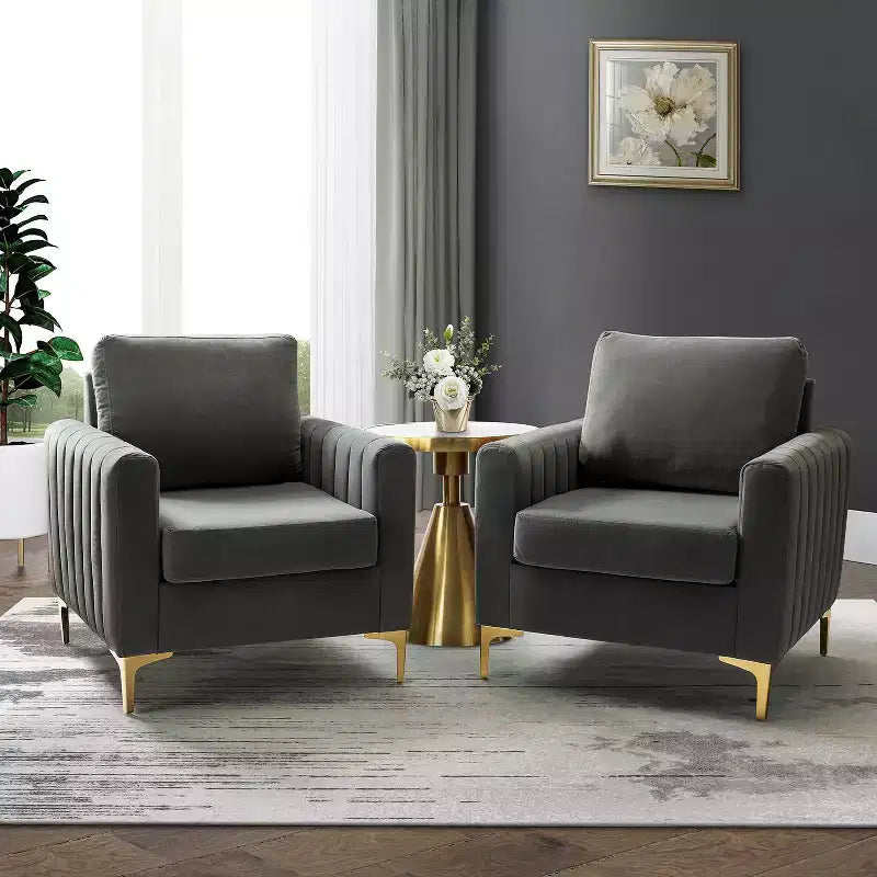 Lot de 2 fauteuils club contemporains Iapygia capitonnés en bois avec pieds en métal pour chambre à coucher | ART OF LIVING DESIGNS