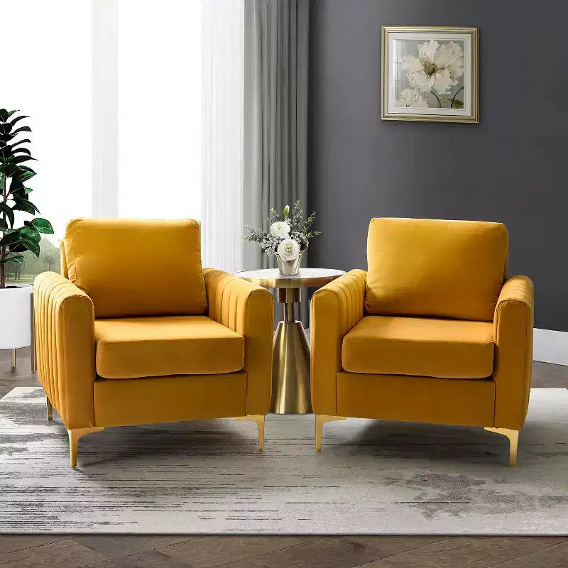 Lot de 2 fauteuils club contemporains Iapygia capitonnés en bois avec pieds en métal pour chambre à coucher | ART OF LIVING DESIGNS