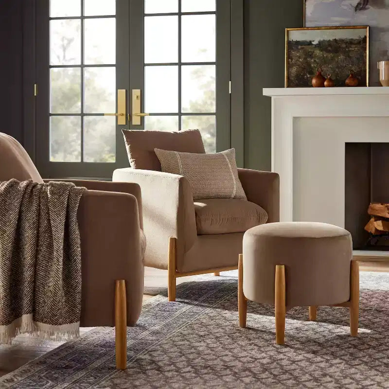 Elroy Round Velvet Ottoman with Wooden Legs - Threshold designed with Studio McGee