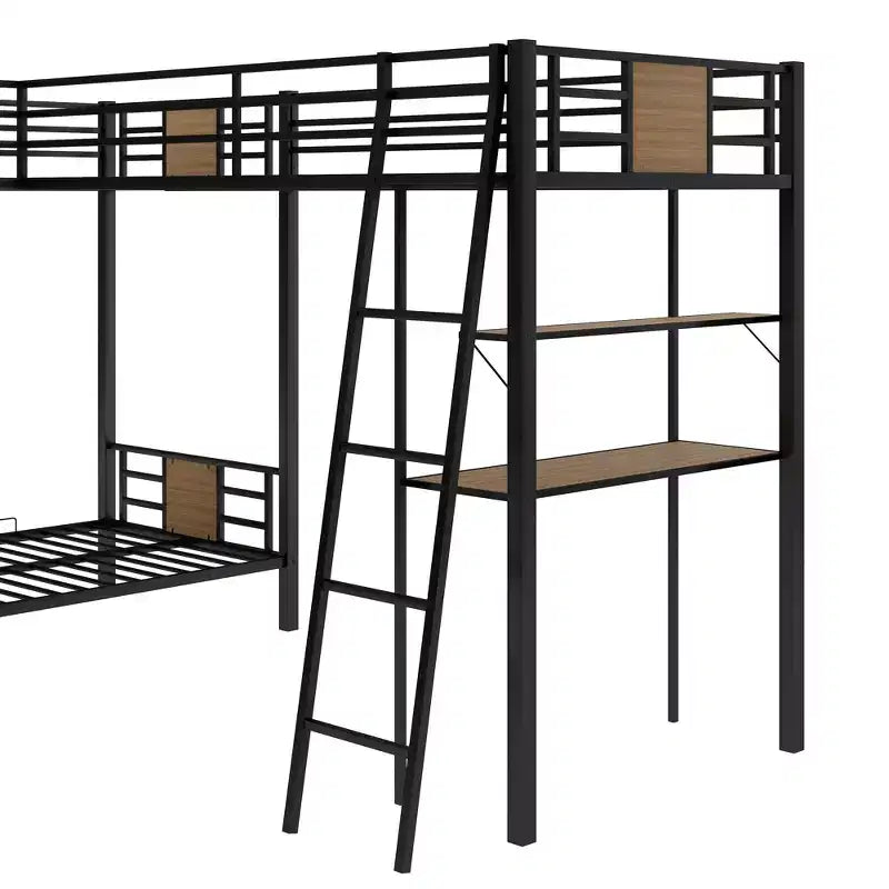 Lit superposé en L, deux lits jumeaux, avec lit mezzanine une place, bureau et étagère, marron - ModernLuxe
