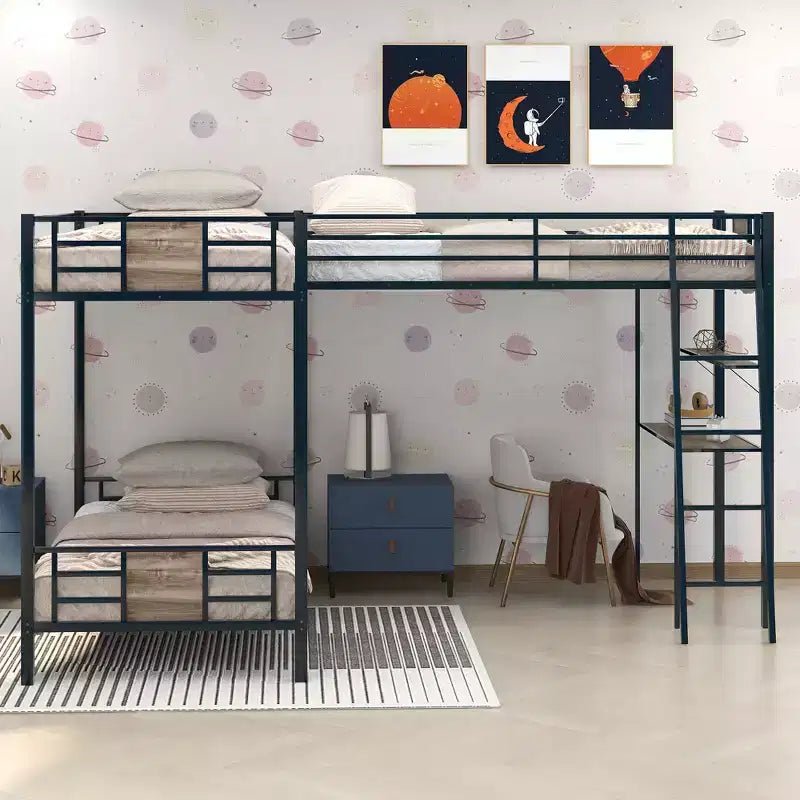 Lit superposé en L, deux lits jumeaux, avec lit mezzanine une place, bureau et étagère, marron - ModernLuxe