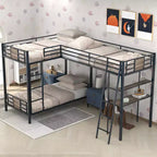 Lit superposé en L, deux lits jumeaux, avec lit mezzanine une place, bureau et étagère, marron - ModernLuxe